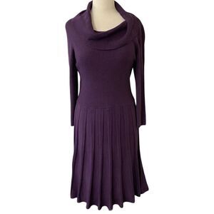 Liz Claiborne Womens Large Rib Knit Sweater Dress Cowl Neck Long Sleeve Purple